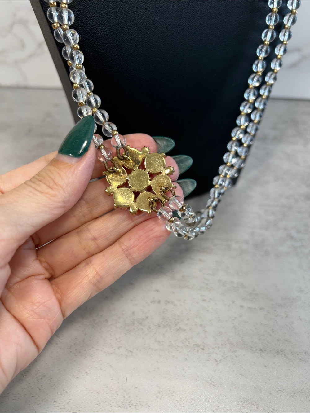 J. Crew Clear Glass Bead Double-Strand Necklace w/ Coral & Cream Flower Cluster - Picture 4 of 4